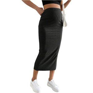 Women's Skirt Rib Knit High Waist Long Skirt Black